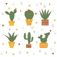 Set of different cactus in pots on doodle background, flat doodle vector