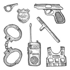 police objects set vector sketches