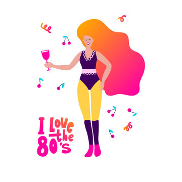 Disco party 70s 80s. Woman drink coctail retro night party poster. Club Fashion
