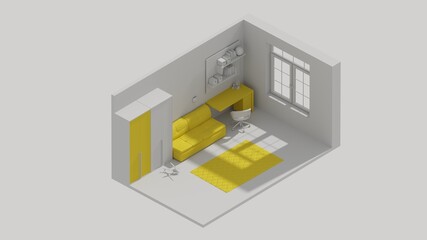 3d rendering isometric child room interior open view 