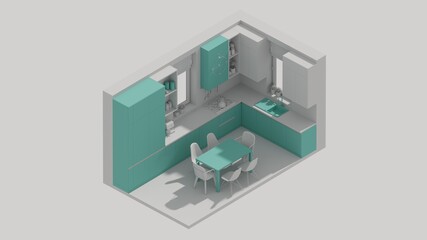 3d rendering isometric kitchen room interior open view green