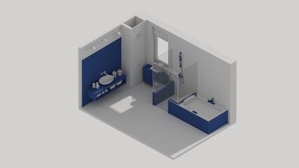 3d rendering isometric bath room interior open view blue