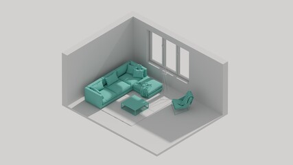 3d rendering isometric living room interior open view green
