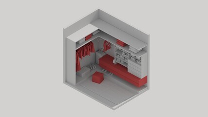 3d rendering isometric dressing  room interior open view 