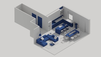 3d rendering isometric living room room interior open view, kitchen room, dinning room blue