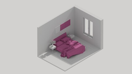 3d rendering isometric bed room interior open view purple