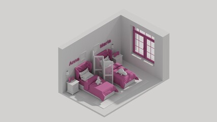 3d rendering isometric child room interior open view, girls room purple