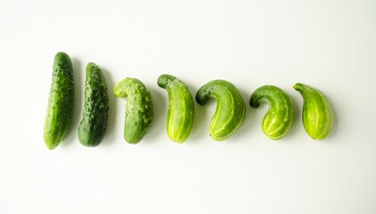 Green cucumbers lie in a row on a white isolated background.  Deformation of the vegetable shape, lack of fertilizer, nitrogen and calcium, irregular shapes.  Close-up, flat lay.