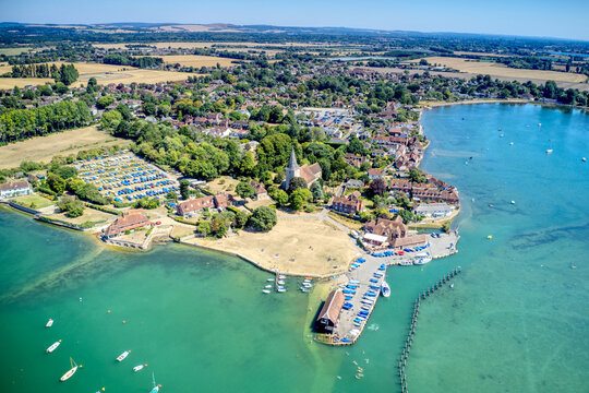 Aerial view towards the Jetty of the beautiful village of Bosham, a popular sailing location in West Sussex England