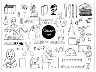 Collection of school doodles with characters and quotes. Set of hand-drawn illustration of school teachers, students and stationery.