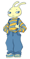 Illustration of cute cartoon boy bunny in sweater and jeans isolated on white background