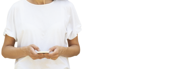 Woman in the forty's with smartphone against gradient white blue background with large copy space