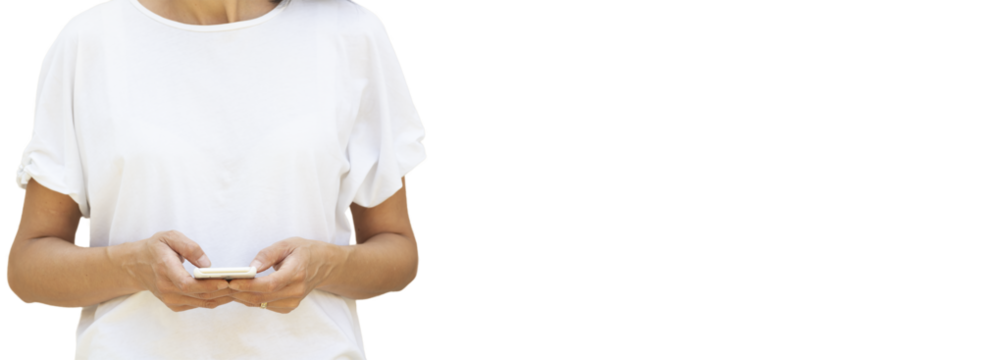 Woman in the forty's with smartphone against gradient white blue background with large copy space