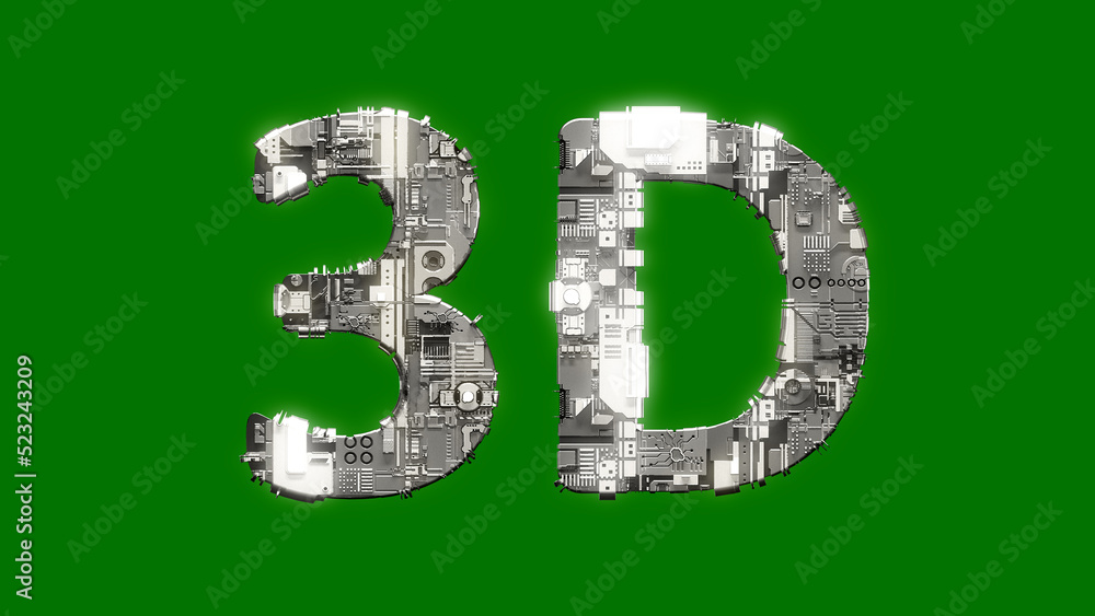 Poster industrial style cybernetic text 3d on green screen background, isolated - object 3d rendering