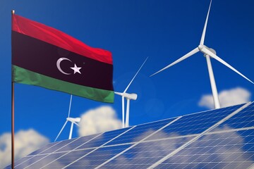 Libya renewable energy, wind and solar energy concept with windmills and solar panels - renewable energy - industrial illustration, 3D illustration - obrazy, fototapety, plakaty