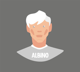 Minimalistic, stylish portrait of an Albino guy. White hair, pale blue eyes, pale skin, lips.Gray background, light gray T-shirt, white collar rim. Flat, cartoon.