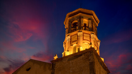 Bell tower at sunset of the Parroquia Santa María Magdalena de Cehegín, Region of Murcia, Spain