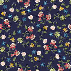 Stylish pattern. Vector floral seamless texture. Abstract background with simple small colorful flowers, leaves. Liberty style wallpapers. Elegant repeat design for decor, fabric, print, covers 