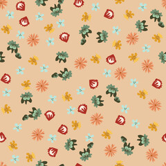 Trendy vector seamless  pattern with  bright alpine, field flowers on gently peach background .  Simple ditsy texture. Modern repeat design for wallpaper, fabric, textile, tiles