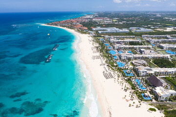 Caribbean sea coastline with resorts. Punta Cana beach. Dominican Republic. Aerial view