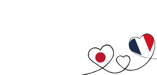 Drei Herzen mit der Fahne von Frankreich und Japan