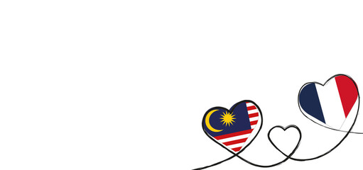 Drei Herzen mit der Fahne von Frankreich und Malaysia