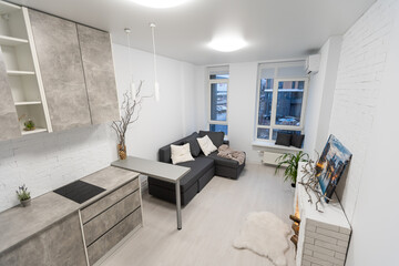 Bright living room interior with fireplace