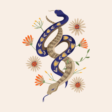 Snake illustrations vector design alchemy flower. Python vintage shirt print