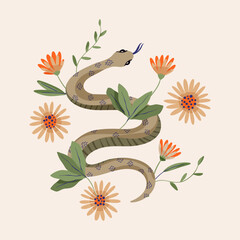 Snake illustrations vector retro design alchemy flower. Python vintage shirt print