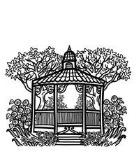 Cedar gazebo in rose garden with plants and trees