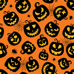 Seamless vector pattern for Halloween design. Halloween symbols: pumpkin, spider in cartoon style. Vector Illustration