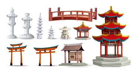Ancient japan culture objects set with gate, pagoda, temple, garden, japanese lantern isolated vector illustration. Japan vector set collection © Andrey