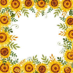 Watercolor cartoon simple sunflowers  frame isolated