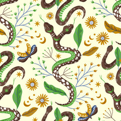 Snake and flower vintage seamless pattern. Tropical forest animal fabric snake art 