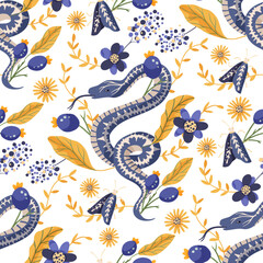 Snake and flower vintage seamless pattern. Tropical animal fabric white floral snake art 