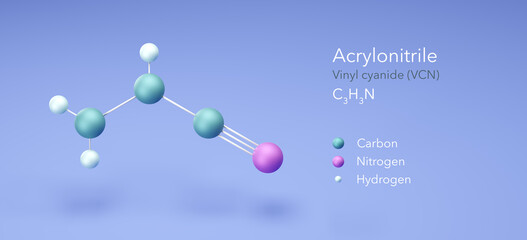 Acrylonitrile, Vinyl cyanide (VCN), molecular structures, 3d rendering, Structural Chemical Formula and Atoms with Color Coding