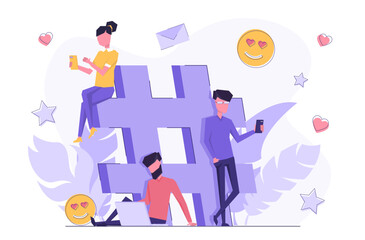 Social network. People sit in the background of the hashtag and interact on social media.
