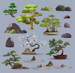 Set of bonsai Japanese trees grown in containers. Beautiful realistic tree, garden stone, plant. Bonsai tree on the box. Decorative little tree vector illustration. Nature art