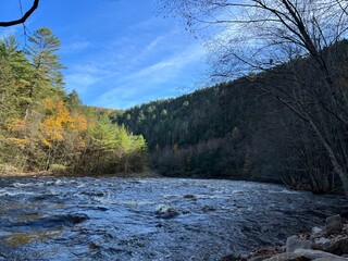 The scenic Lehigh River flowing through Lehigh Gorge State Park, in Carbon County, Weatherly, Pennsylvania.