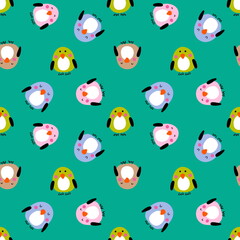 Fototapeta premium Hand drawn summer seamless pattern with multicolored penguins. Perfect for T-shirt, textile and print. Doodle style illustration for decor and design.