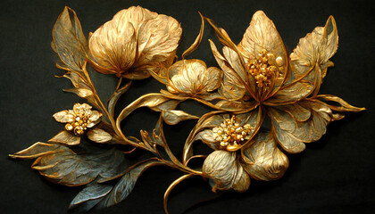 Luxury golden flower decorative background. Beautiful precious metal floral art. 3D illustration.