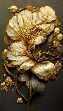 Luxury golden flower decorative background. Beautiful precious metal floral art. 3D illustration.