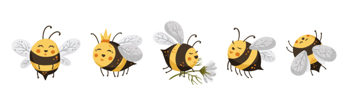 Cute bee cartoon funny vector set. Happy funny adorable character bees