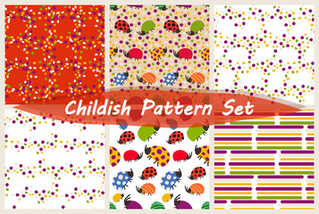 Fototapeta premium Set of 6 seamless pattern with cute hand drawn colorful bugs with funny dots Simple flat cartoon style Vector illustration for wrapping paper, textile, fabric, packaging, nursery decoration