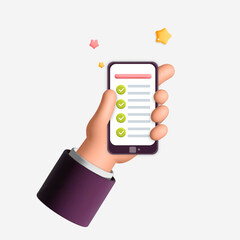 Hand holding smartphone with green checklist mobile application 3d vector design illustration. Successful business plan tasks. To do list, time and task management, done, complete, fulfilled concept.