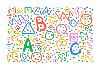 Colorful pattern. Circles, triangles, serpentine, dots, squares, rhombus and zigzag. ABC letters. Back to school. Fun colorful line doodle shape background. 