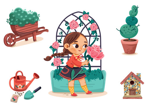 Cartoon vector set on the theme of gardening with a little girl content.