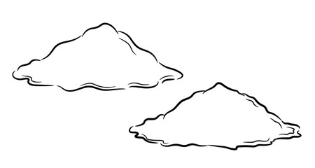 A set of illustrations of heaps of loose powder. Black outline of a serving of spices in a sketch style. Isolated vector illustration.