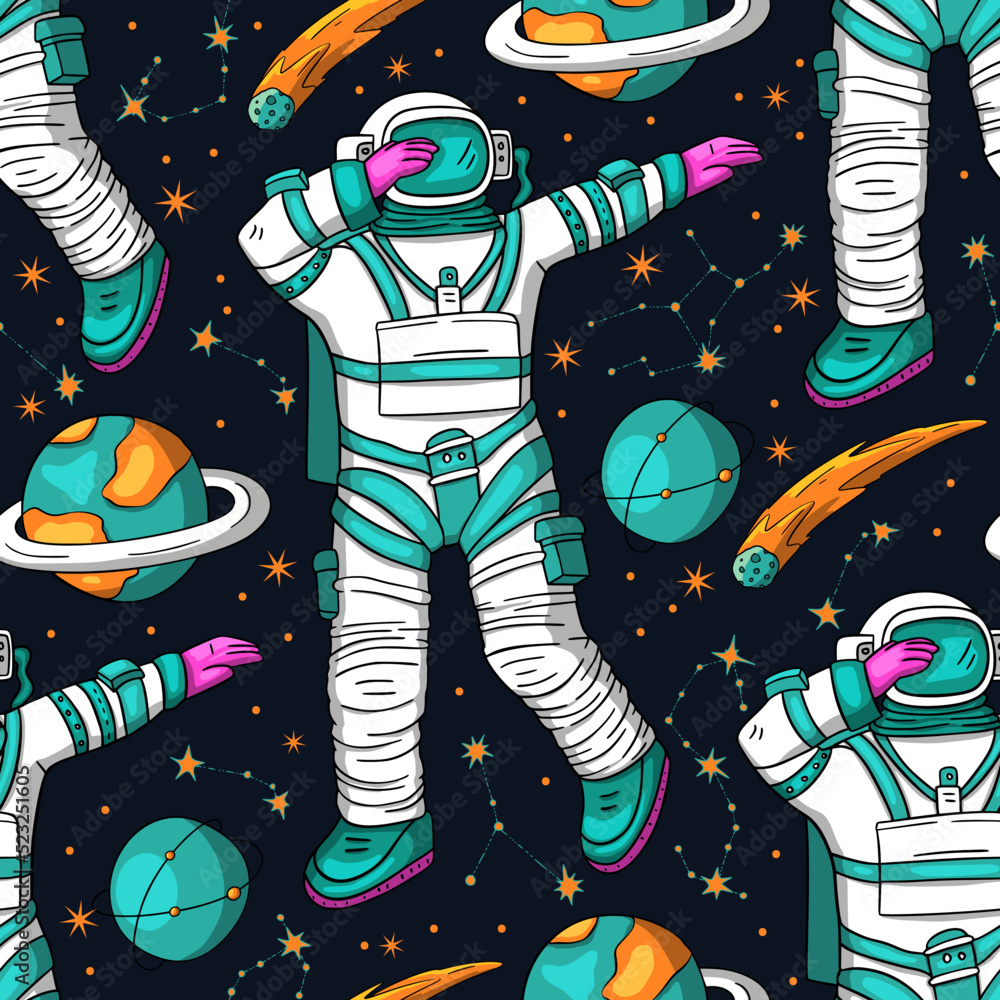 Wall mural astronaut seamless space vector pattern. kids doodle print moon texture platet design