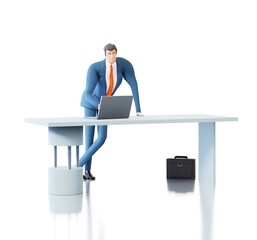 Successful businessman office, stays by his desk, working with laptop.  3D rendering illustration. 